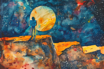 Wall Mural - a lone figure stands on a cliff edge, looking up at a large, luminous planet against a backdrop of s