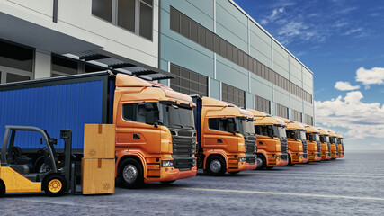 Trucks, industry and warehouses.3d, rendering, illustration,