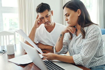 Poster - Laptop, documents and confused couple in home for budget problem, mortgage debt and financial risk. Computer, man and woman with stress for tax paperwork, low credit score and inflation for expenses