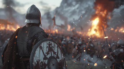 Medieval knight overlooking fiery battlefield. Chainmail armor and viking shield with snowy mountains in the background. Atmospheric war scene for the wallpaper of an historical combat.