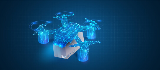 Leinwandbilder - AI Drone Delivery Icon, Logistics Automation. Isolated Vector Blue Polygonal Drone with Package, Symbolizing Technology, and Innovation Concepts for Tech Projects. Vector illustration