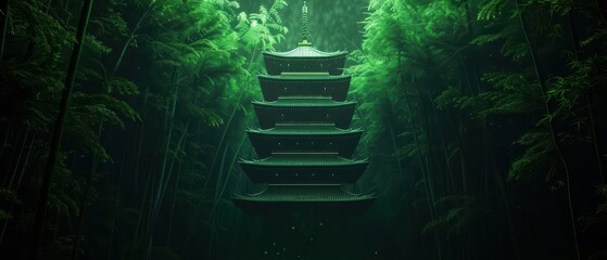 A supernatural scene showcases a traditional Japanese pagoda built from luminous