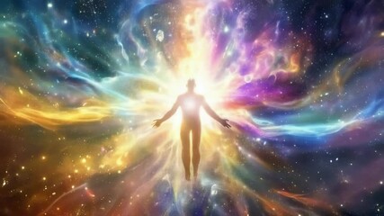 Wall Mural - silhuette of a man spirit on galaxy space background, colorful energy flow, 4k new quality colorful 