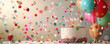 © AI_images - A cheerful background with a birthday cake, candles, and balloons against a confetti-filled backdrop, leaving room for copy.