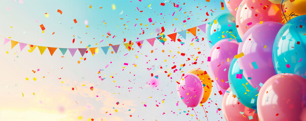 A vibrant celebration background with colorful banners, balloons, and confetti against a pastel sky, with room for text.