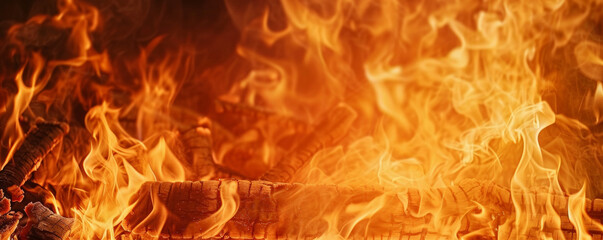 Wall Mural - A fire background with a burning piece of wood, flames consuming it and creating a dramatic visual effect.