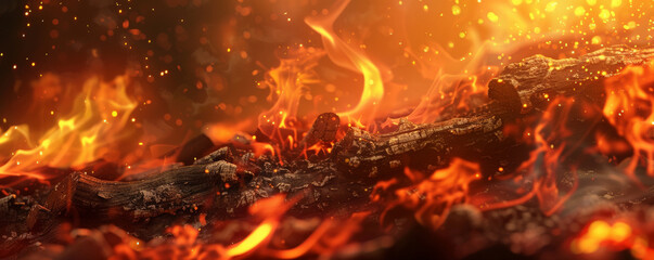Wall Mural - A fire background with flames consuming a pile of logs, creating a dynamic and intense visual effect.