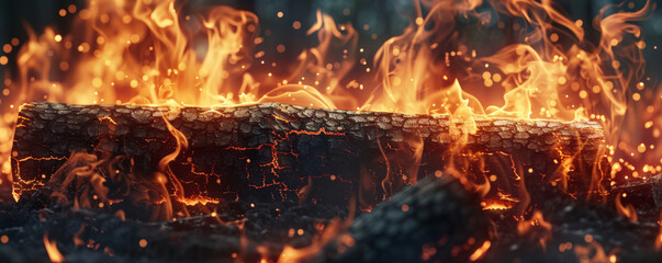 Wall Mural - A fire background with flames consuming a pile of logs, creating a dynamic and intense visual effect.