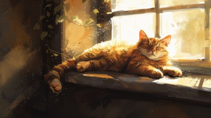 Poster - A chubby cat lounging on a sunny windowsill, basking in the warm light.