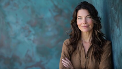 Wall Mural - Woman happy portrait female smiling young happiness lifestyle beautiful people adult healthy nature cheerful attractive smile cheerful studio leisure, Isolated on a teal background