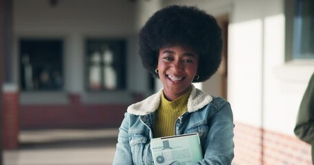 Poster - Happy, black girl and face of student on high school with book for learning, growth and development for study. Female learner, portrait and textbook on campus for knowledge, biology and education.