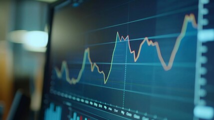 Poster - A close-up of a computer screen displaying a financial line graph with upward and downward trends.