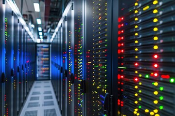 Poster - Blurred server racks in data center with colorful lights.