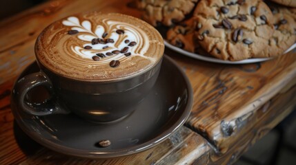 Poster - A close-up of a latte with intricate foam art, next to a plate of homemade cookies.