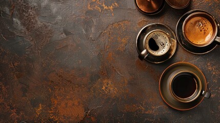 Sticker - Coffee cups and vintage coffee maker on dark brown backdrop with empty area for text