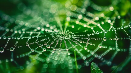 Poster - A close-up of water droplets on a web of threads, capturing the delicate balance of tension and nature's beauty.