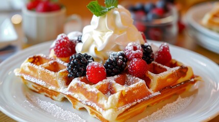 Poster - A delicious Belgian waffle topped with whipped cream, berries, and a dusting of powdered sugar.