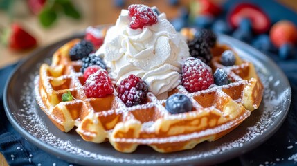 Poster - A delicious Belgian waffle topped with whipped cream, berries, and a dusting of powdered sugar.