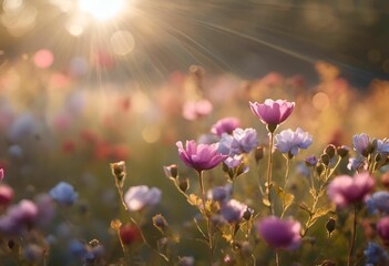 Canvas Print - AI generated illustration of a beautiful field of blooming flowers with sunlight streaming through