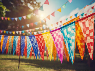 Wall Mural - blurred colorful triangular flags backgrounds for summer of decorated celebr outdoor event party, vintage tone, celebration top view, happy summer time, copy space. Ai generative