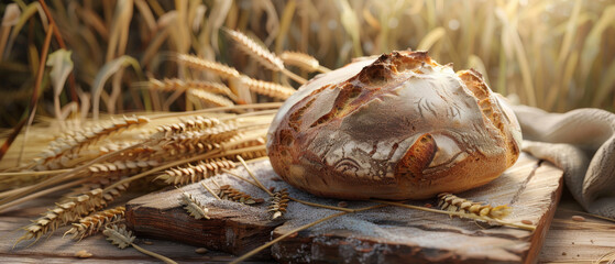 Freshly baked rustic bread surrounded by golden wheat stalks glowing under the warm afternoon sun, epitomizing artisanal craft.