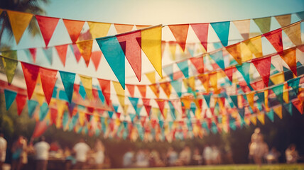 Wall Mural - blurred colorful triangular flags backgrounds for summer of decorated celebr outdoor event party, vintage tone, celebration top view, happy summer time, copy space. Ai generative