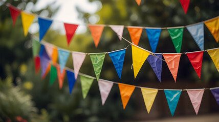 Wall Mural - blurred colorful triangular flags backgrounds for summer of decorated celebr outdoor event party, vintage tone, celebration top view, happy summer time, copy space. Ai generative
