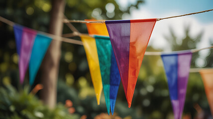 Wall Mural - blurred colorful triangular flags backgrounds for summer of decorated celebr outdoor event party, vintage tone, celebration top view, happy summer time, copy space. Ai generative