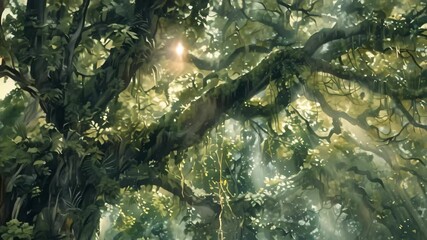 Poster - A large tree towering in the midst of a dense forest, bathed in sunlight filtering through the canopy, Light filtering through the canopy, illuminating the moss below