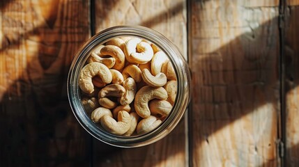 Canvas Print - Delicious cashews in a glass jar on a wooden surface seen from above