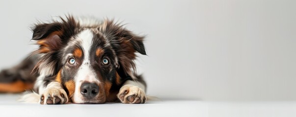 Wall Mural - Australian Shepherd puppy lying down, looking curious. Free copy space for banner.