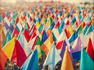 Wall Mural - blurred colorful triangular flags backgrounds for summer of decorated celebr outdoor event party, vintage tone, celebration top view, happy summer time, copy space. Ai generative