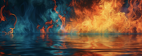 Wall Mural - A fire background with flames reflecting off a body of water, creating a mesmerizing and dynamic scene.