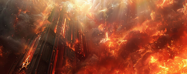Wall Mural - A background of fire consuming a structure, with intense flames and billowing smoke creating a dramatic and chaotic scene.