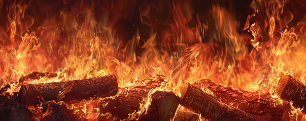 Wall Mural - a fire background with flames consuming a pile of logs, creating a dynamic and intense visual effect