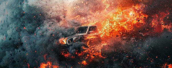 a background of fire consuming a vehicle, with intense flames and billowing smoke creating a chaotic