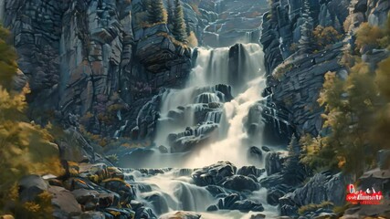 Wall Mural - A painting depicting a cascading waterfall amidst a lush forest of trees, Marveling at the beauty of a cascading waterfall in the mountains