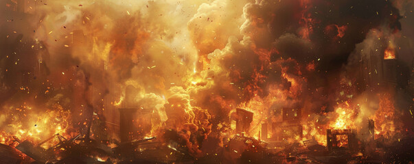 Wall Mural - A background of fire consuming a structure, with intense flames and billowing smoke creating a dramatic and chaotic scene.