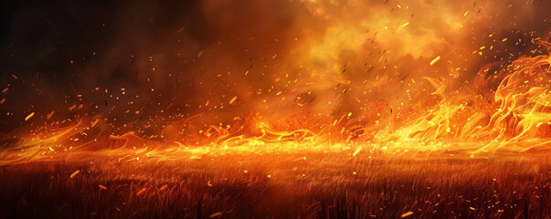 Wall Mural - a fire background with flames spreading across a field of dry grass, creating a sense of intense hea