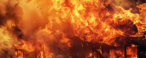 Wall Mural - A background of fire consuming a structure, with intense flames and billowing smoke creating a dramatic and chaotic scene.