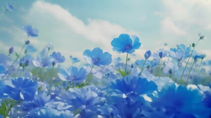 Sticker - Field covered in blue flowers under a cloudy blue sky, Mesmerizing beauty of a field filled with blue flowers swaying in the breeze