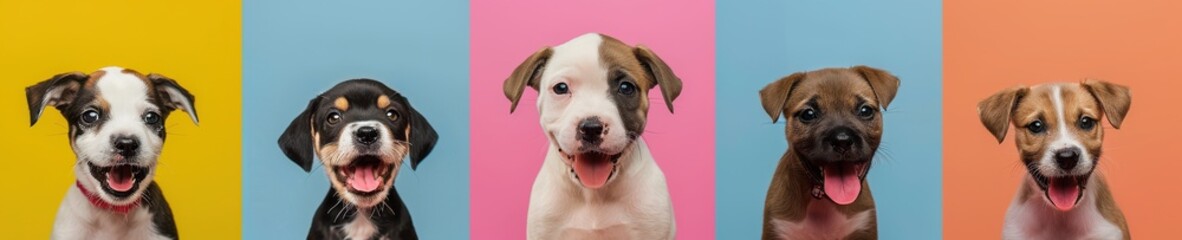 Wall Mural - Studio portraits of young dogs against vibrant colored backgrounds.