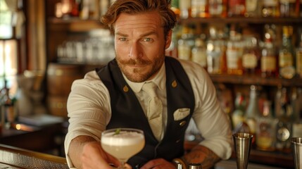 A Caucasian professional bartender, with a focused and skillful expression, prepares a cocktail for women at a stylish bar