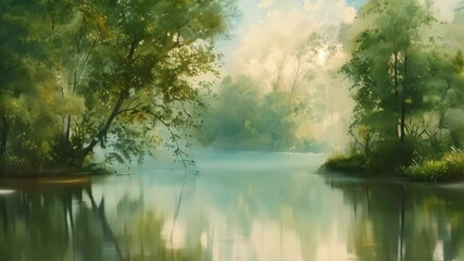 Wall Mural - A painting depicting a river with trees in the background on a misty day, Mist shrouding a tranquil river