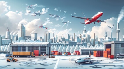 Poster - Airplane landing at snow-covered airport.