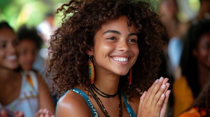 Wall Mural - Excited guests, smiling and clapping hands, sit together in an outdoor venue, showcasing multiethnic beauty