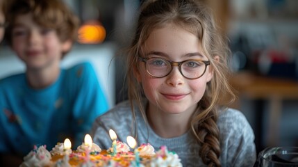 Wall Mural - Friends and family, eyes sparkling with joy, celebrate a birthday with a beautifully decorated cake