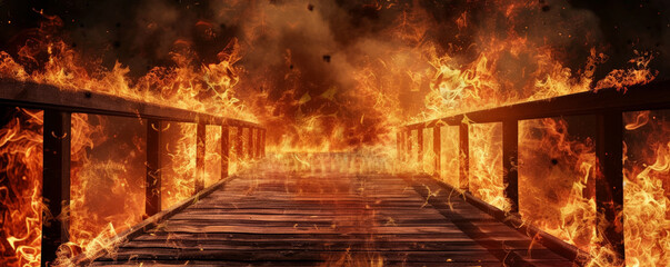 Wall Mural - A fire background featuring flames engulfing a wooden bridge, creating a dramatic and intense visual effect.