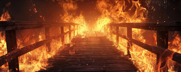 Wall Mural - A fire background featuring flames engulfing a wooden bridge, creating a dramatic and intense visual effect.