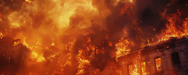 Wall Mural - A background of fire consuming a structure, with intense flames and billowing smoke creating a dramatic and chaotic scene.